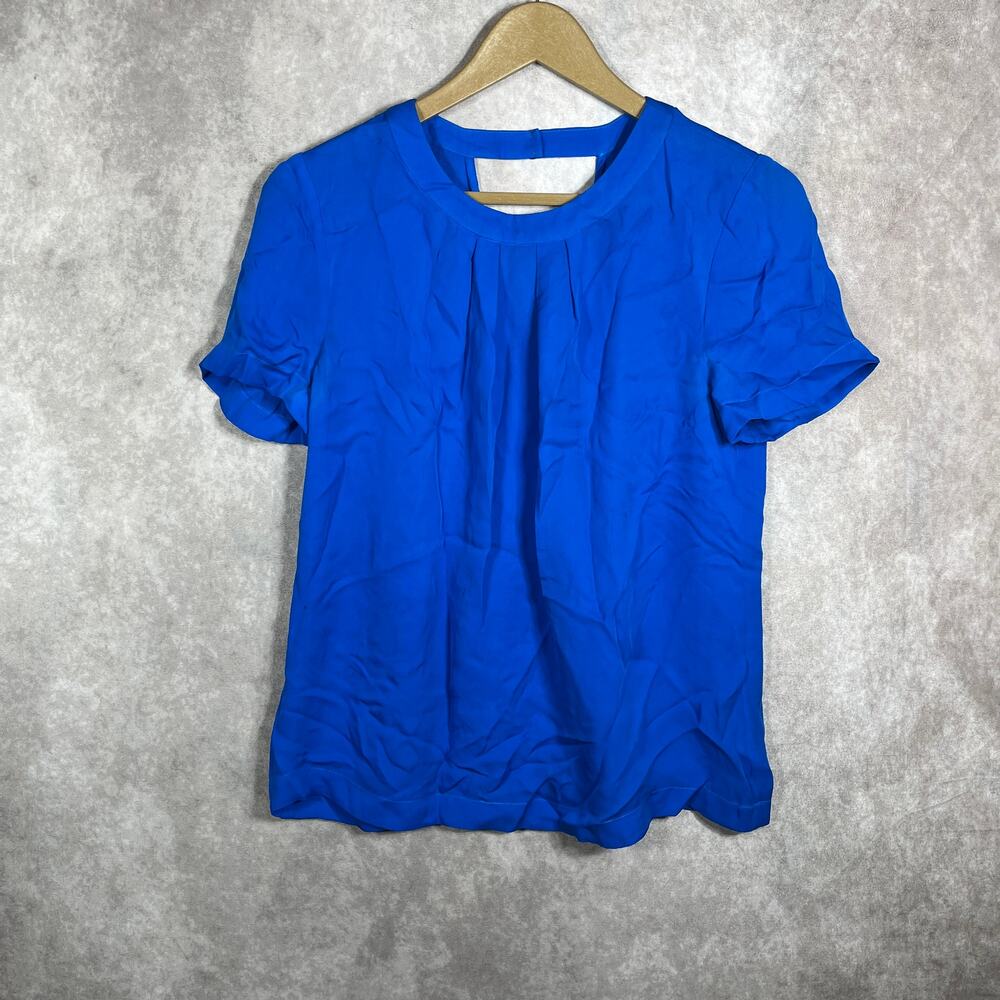 J. Crew Blouse Womens Size 4 Blue Silk Cutout Back Short Sleeves Crew Neck